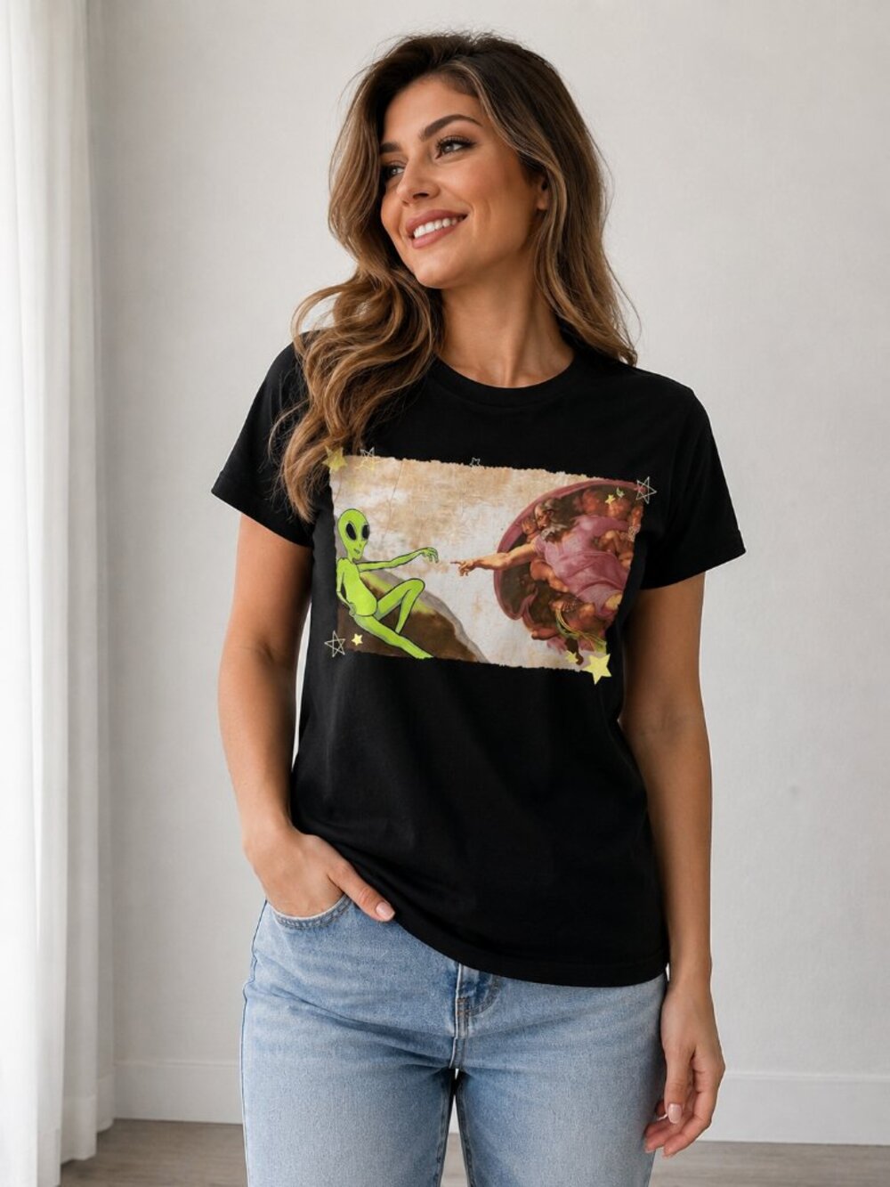 Funny Alien Michelangelo Creation Graphic T Shirt Black Cosmic Art Tee Size S